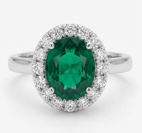 3.0 Ct Oval Natural Emerald 14K White Gold Halo Setting with Plain Shank Ring - Certified: This certified fine jewelry piece features a 3.0 carat natural Emerald in a Oval cut, crafted in 14K White Gold. The Halo Setting with Plain Shank design highlights the beauty of the natural center st
