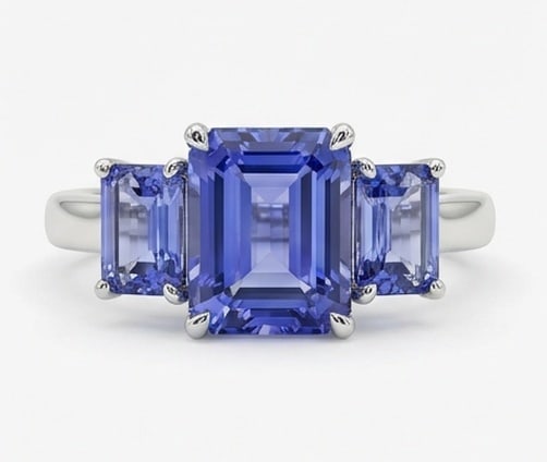 3.5 Ct Emerald Natural Tanzanite 14K White Gold Three-Stone (Tanzanite Sides) Ring - Certified: This certified fine jewelry piece features a 3.5 carat natural Tanzanite in a Emerald cut, crafted in 14K White Gold. The Three-Stone (Tanzanite Sides) design highlights the beauty of the natural cent