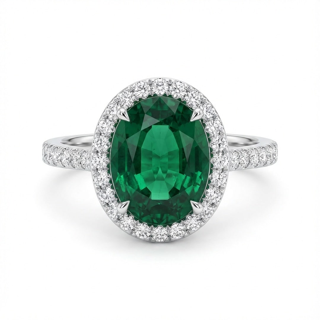 3.5 Ct Oval Natural Emerald 14K White Gold Halo Setting with Pave Shank Ring - Certified: This certified fine jewelry piece features a 3.5 carat natural Emerald in a Oval cut, crafted in 14K White Gold. The Halo Setting with Pave Shank design highlights the beauty of the natural center sto