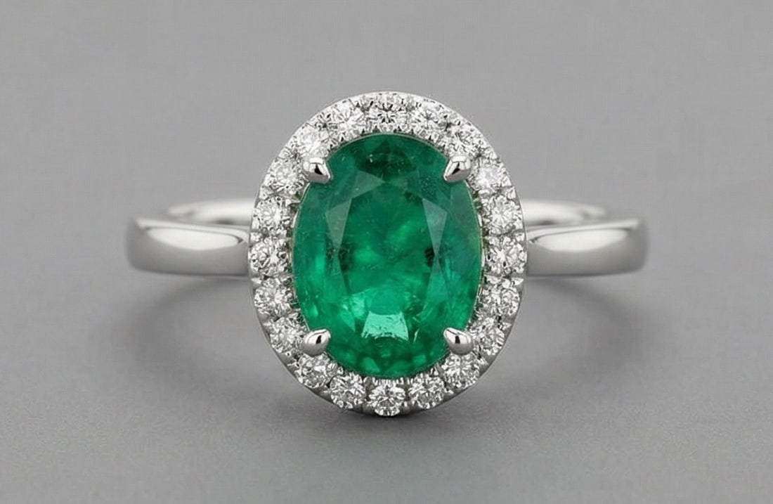 3.0 Ct Oval Natural Emerald 14K White Gold Halo Setting with Plain Shank Ring - Certified: This certified fine jewelry piece features a 3.0 carat natural Emerald in a Oval cut, crafted in 14K White Gold. The Halo Setting with Plain Shank design highlights the beauty of the natural center st