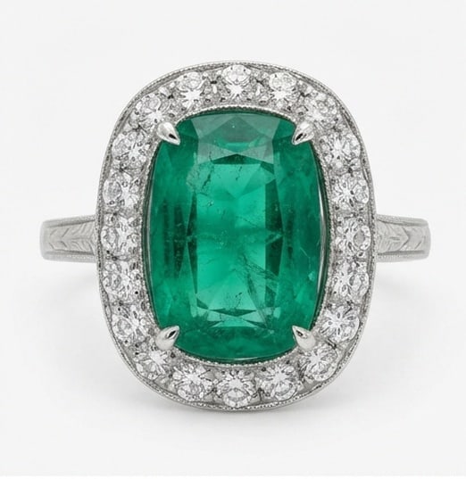 4.5 Ct Cushion Natural Emerald 14K White Gold Vintage Halo with Engraved Shank Ring - Certified: This certified fine jewelry piece features a 4.5 carat natural Emerald in a Cushion cut, crafted in 14K White Gold. The Vintage Halo with Engraved Shank design highlights the beauty of the natural cen