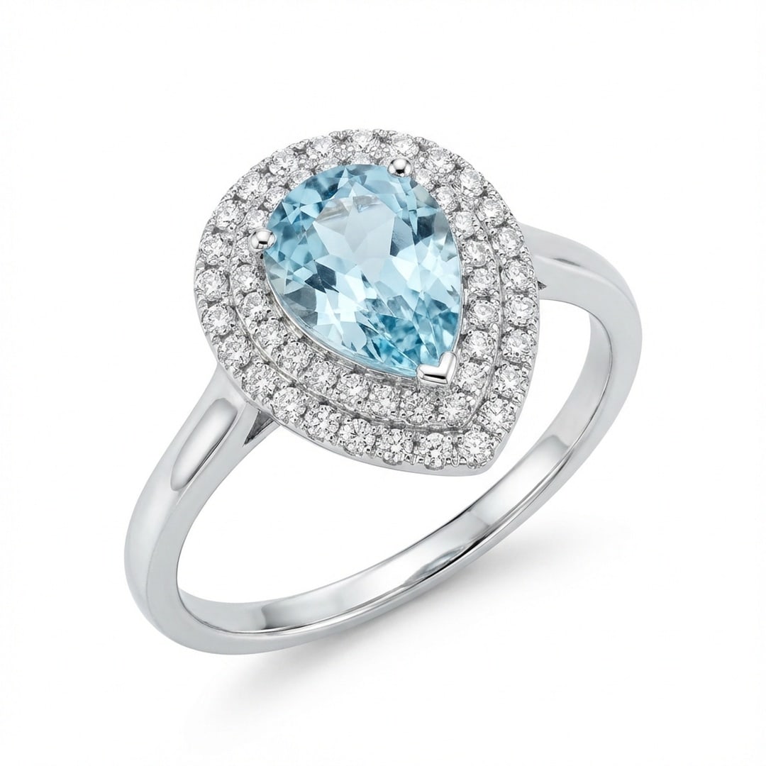 2.0 Ct Pear Natural Aquamarine 14K White Gold Double Halo Setting Ring - Certified: This certified fine jewelry piece features a 2.0 carat natural Aquamarine in a Pear cut, crafted in 14K White Gold. The Double Halo Setting design highlights the beauty of the natural center stone. It