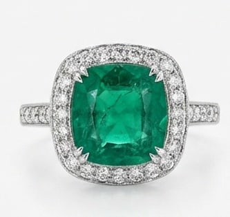 3.5 Ct Cushion Natural Emerald 14K White Gold Halo Setting with Pave Shank Ring - Certified: This certified fine jewelry piece features a 3.5 carat natural Emerald in a Cushion cut, crafted in 14K White Gold. The Halo Setting with Pave Shank design highlights the beauty of the natural center 