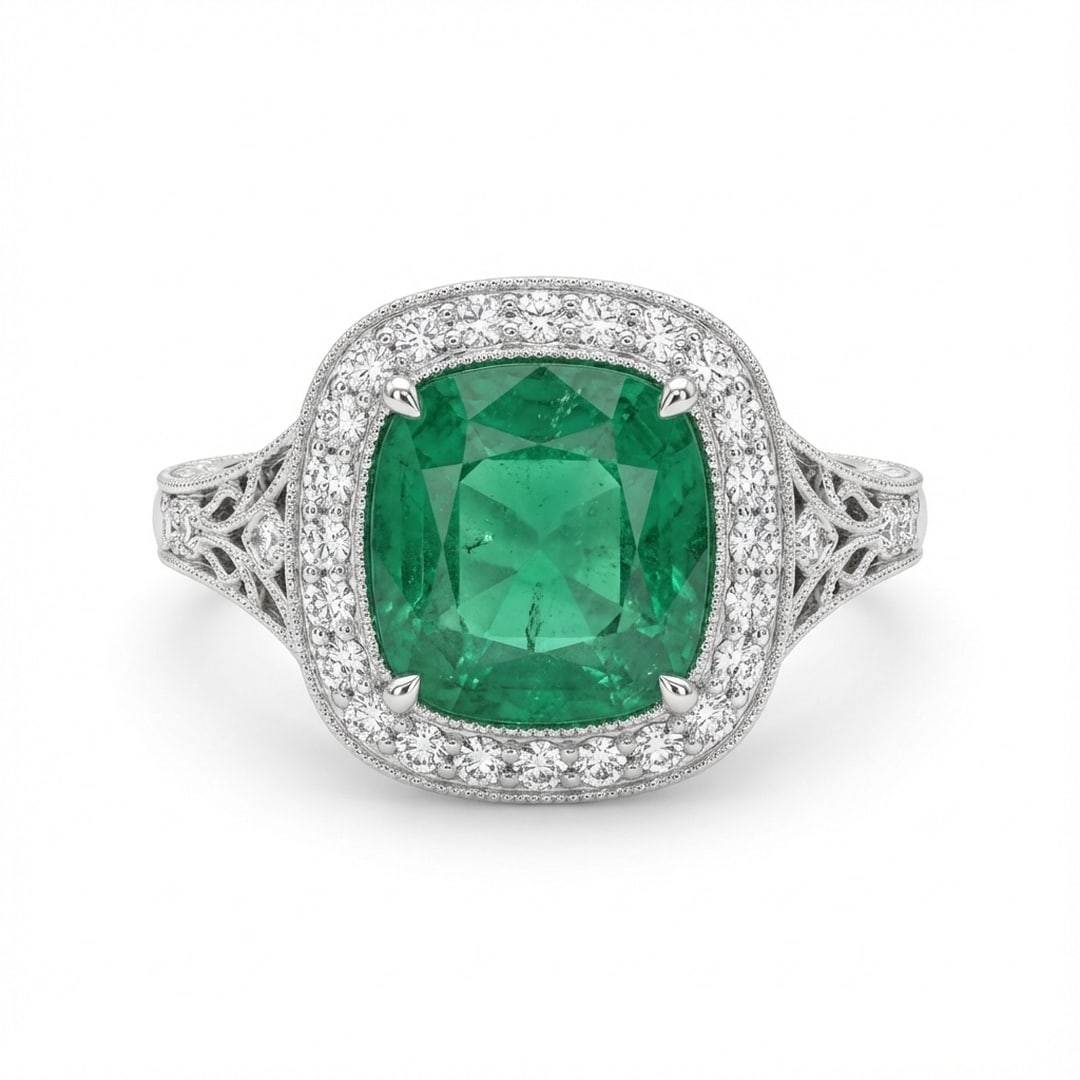 2.5 Ct Cushion Natural Emerald 14K White Gold Vintage Halo with Engraved Shank Ring - Certified: This certified fine jewelry piece features a 2.5 carat natural Emerald in a Cushion cut, crafted in 14K White Gold. The Vintage Halo with Engraved Shank design highlights the beauty of the natural cen
