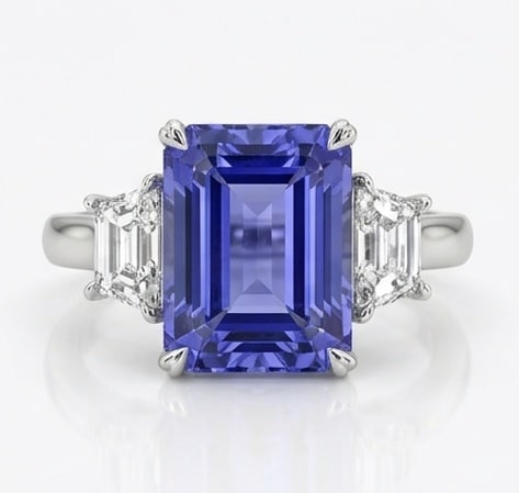 4.0 Ct Emerald Natural Tanzanite 14K White Gold Three-Stone Setting Ring - Certified: This certified fine jewelry piece features a 4.0 carat natural Tanzanite in a Emerald cut, crafted in 14K White Gold. The Three-Stone Setting design highlights the beauty of the natural center stone. 