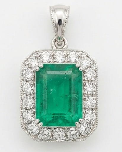 3.0 Ct Emerald Natural Emerald 14K White Gold Vintage Halo Pendant - Certified: This certified fine jewelry piece features a 3.0 carat natural Emerald in a Emerald cut, crafted in 14K White Gold. The Vintage Halo Pendant design highlights the beauty of the natural center stone. I