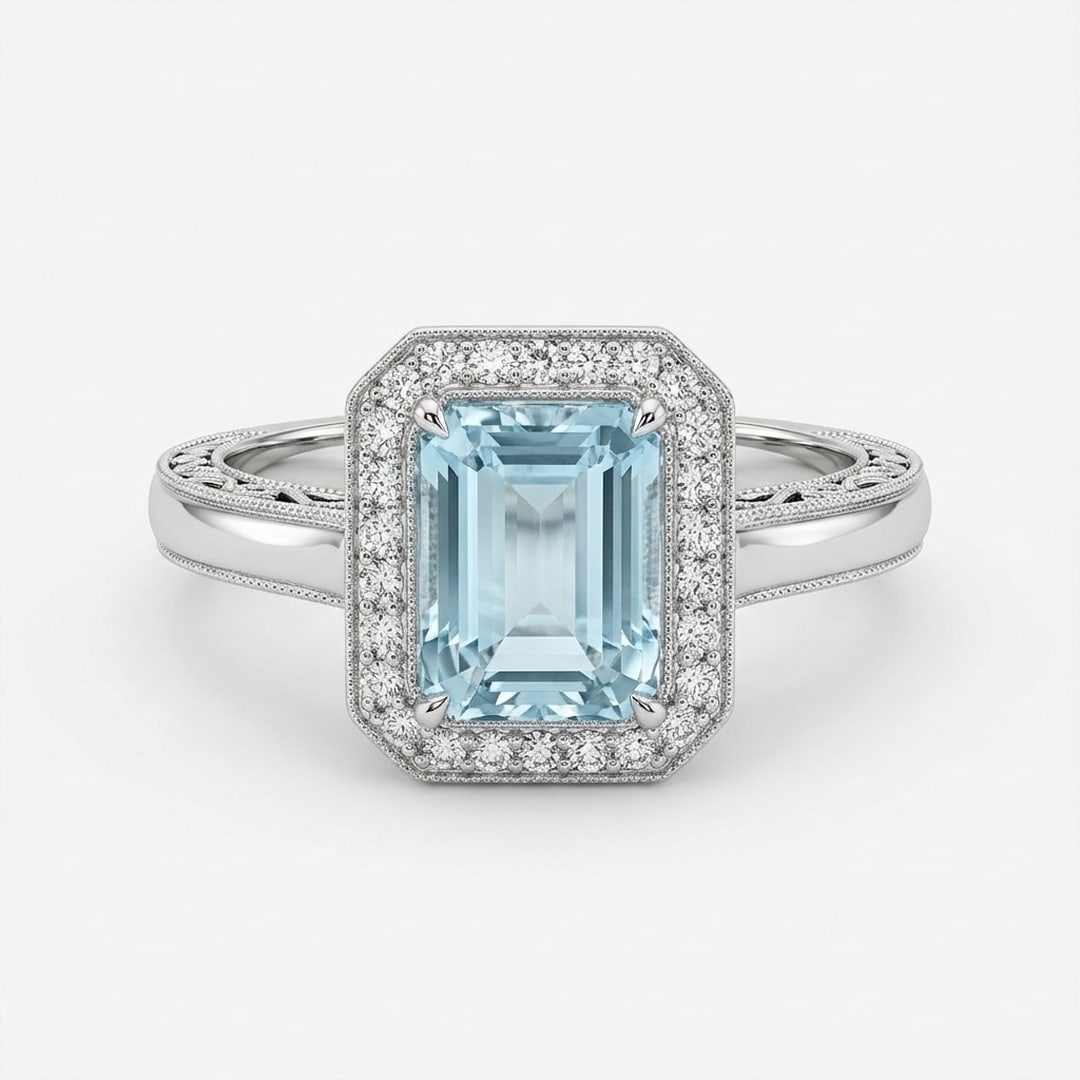 3.0 Ct Emerald Natural Aquamarine 14K White Gold Vintage Halo with Engraved Shank Ring - Certified: This certified fine jewelry piece features a 3.0 carat natural Aquamarine in a Emerald cut, crafted in 14K White Gold. The Vintage Halo with Engraved Shank design highlights the beauty of the natural 
