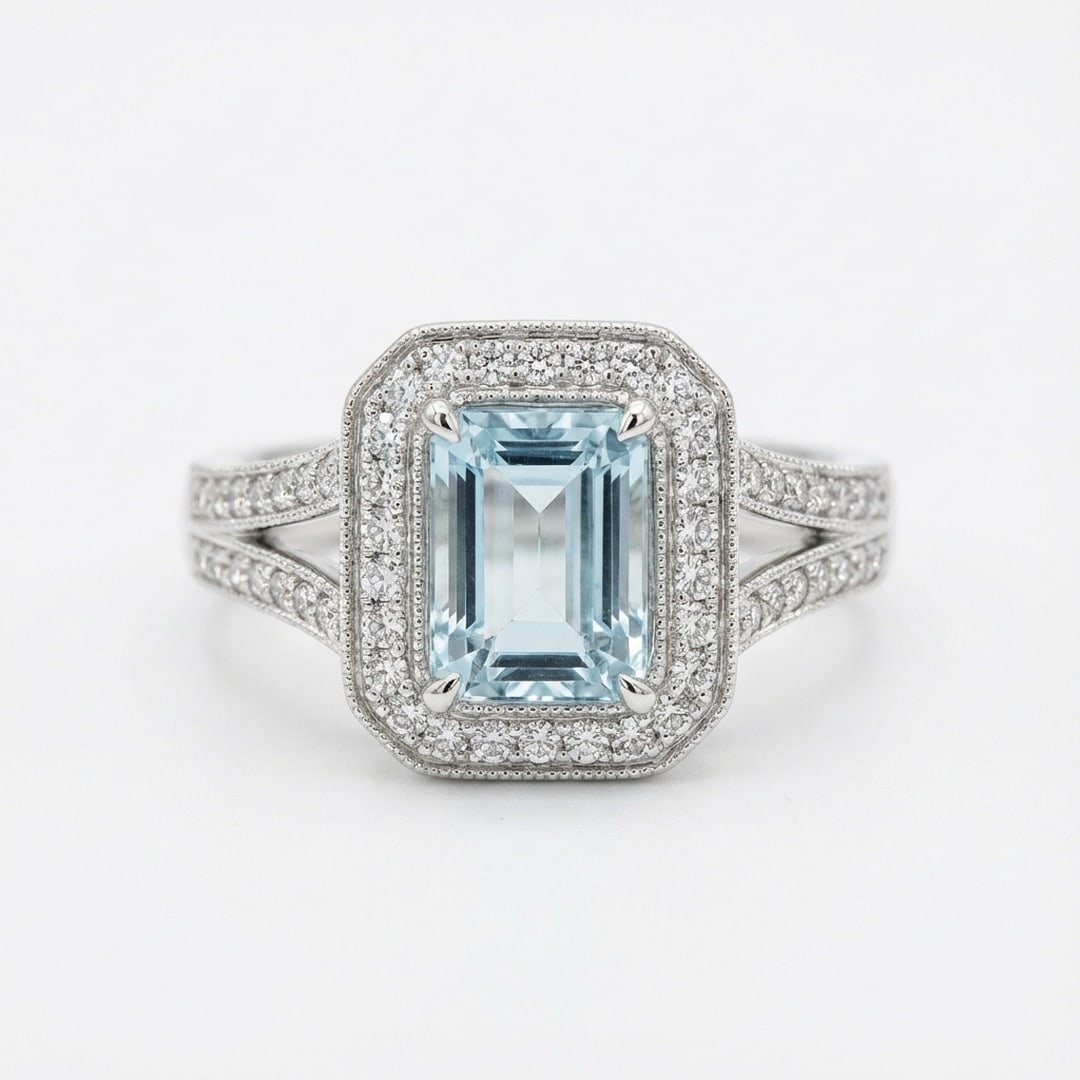 2.0 Ct Emerald Natural Aquamarine 14K White Gold Halo Setting with Split Shank Ring - Certified: This certified fine jewelry piece features a 2.0 carat natural Aquamarine in a Emerald cut, crafted in 14K White Gold. The Halo Setting with Split Shank design highlights the beauty of the natural cen
