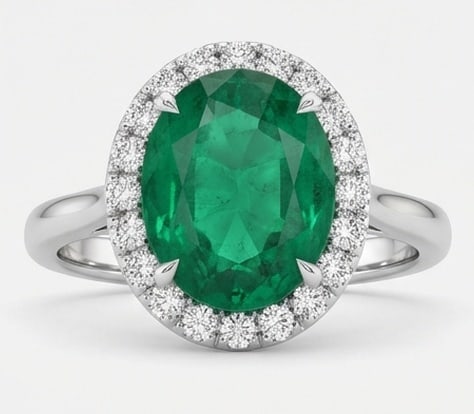 3.5 Ct Oval Natural Emerald 14K White Gold Halo Setting with Pave Shank Ring - Certified: This certified fine jewelry piece features a 3.5 carat natural Emerald in a Oval cut, crafted in 14K White Gold. The Halo Setting with Pave Shank design highlights the beauty of the natural center sto