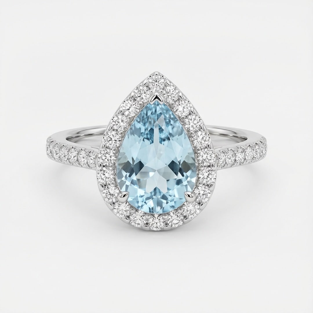 2.0 Ct Pear Natural Aquamarine 14K White Gold Halo Setting with Pave Shank Ring - Certified: This certified fine jewelry piece features a 2.0 carat natural Aquamarine in a Pear cut, crafted in 14K White Gold. The Halo Setting with Pave Shank design highlights the beauty of the natural center 