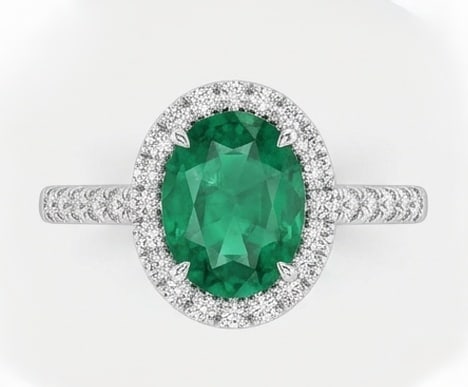 3.0 Ct Oval Natural Emerald 14K White Gold Halo Setting with Pave Shank Ring - Certified: This certified fine jewelry piece features a 3.0 carat natural Emerald in a Oval cut, crafted in 14K White Gold. The Halo Setting with Pave Shank design highlights the beauty of the natural center sto