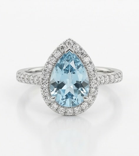 2.0 Ct Pear Natural Aquamarine 14K White Gold Halo Setting with Pave Shank Ring - Certified: This certified fine jewelry piece features a 2.0 carat natural Aquamarine in a Pear cut, crafted in 14K White Gold. The Halo Setting with Pave Shank design highlights the beauty of the natural center 