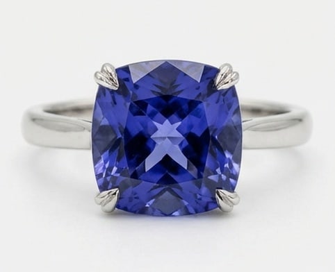 3.5 Ct Cushion Natural Tanzanite 14K White Gold Solitaire Setting Ring - Certified (1 of 3)