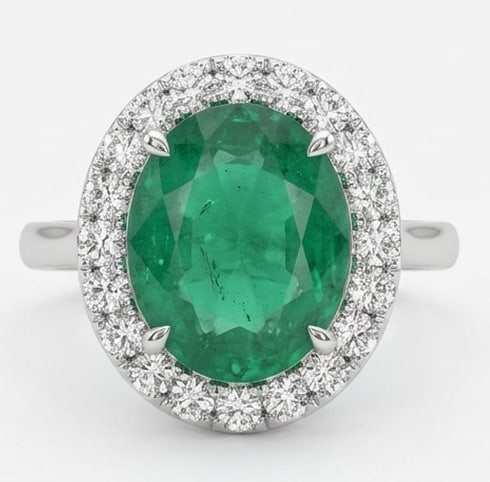 3.5 Ct Oval Natural Emerald 14K White Gold Halo Setting with Pave Shank Ring - Certified: This certified fine jewelry piece features a 3.5 carat natural Emerald in a Oval cut, crafted in 14K White Gold. The Halo Setting with Pave Shank design highlights the beauty of the natural center sto