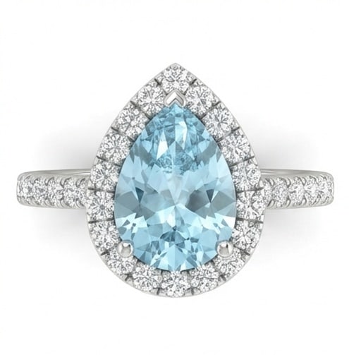 3.0 Ct Pear Natural Aquamarine 14K White Gold Halo Setting with Pave Shank Ring - Certified: This certified fine jewelry piece features a 3.0 carat natural Aquamarine in a Pear cut, crafted in 14K White Gold. The Halo Setting with Pave Shank design highlights the beauty of the natural center 
