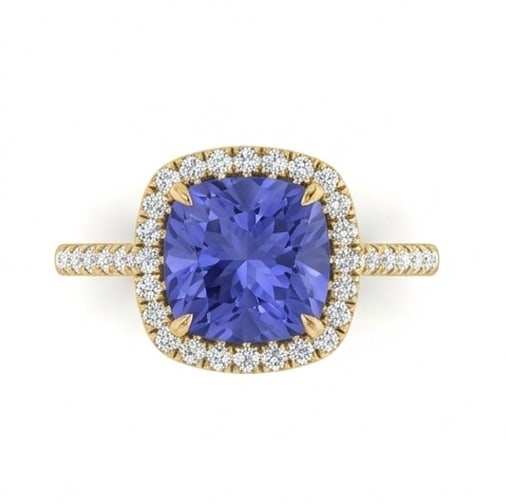 2.5 Ct Cushion Natural Tanzanite 14K Yellow Gold Halo Setting with Pave Shank Ring - Certified: This certified fine jewelry piece features a 2.5 carat natural Tanzanite in a Cushion cut, crafted in 14K Yellow Gold. The Halo Setting with Pave Shank design highlights the beauty of the natural cent