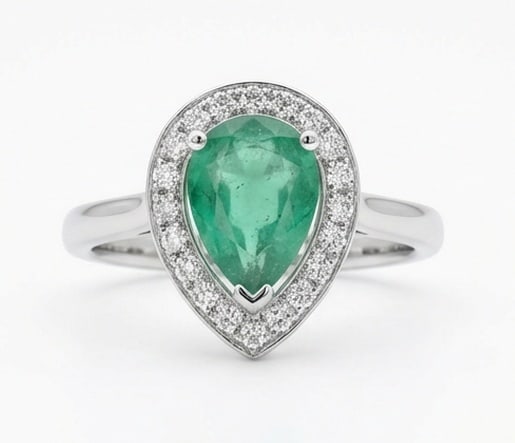 2.0 Ct Pear Natural Emerald 14K White Gold Halo Setting with Plain Shank Ring - Certified: This certified fine jewelry piece features a 2.0 carat natural Emerald in a Pear cut, crafted in 14K White Gold. The Halo Setting with Plain Shank design highlights the beauty of the natural center st