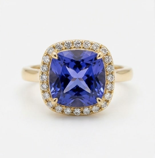 3.0 Ct Cushion Natural Tanzanite 14K Yellow Gold Halo Setting with Detailed Gallery Ring - Certified (1 of 4)