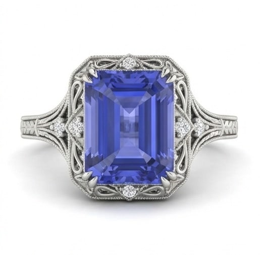 4.0 Ct Emerald Natural Tanzanite 14K White Gold Art Deco Vintage Filigree Ring - Certified: This certified fine jewelry piece features a 4.0 carat natural Tanzanite in a Emerald cut, crafted in 14K White Gold. The Art Deco Vintage Filigree design highlights the beauty of the natural center s
