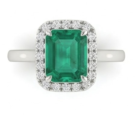 2.5 Ct Emerald Natural Emerald 14K White Gold Halo Setting with Plain Shank Ring - Certified: This certified fine jewelry piece features a 2.5 carat natural Emerald in a Emerald cut, crafted in 14K White Gold. The Halo Setting with Plain Shank design highlights the beauty of the natural center