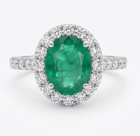 2.0 Ct Oval Natural Emerald 14K White Gold Halo Setting with Pave Shank Ring - Certified: This certified fine jewelry piece features a 2.0 carat natural Emerald in a Oval cut, crafted in 14K White Gold. The Halo Setting with Pave Shank design highlights the beauty of the natural center sto