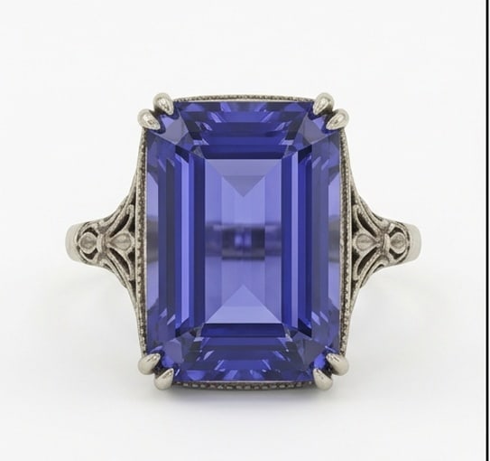 5.5 Ct Emerald Natural Tanzanite 14K White Gold Vintage Cathedral Solitaire Ring - Certified: This certified fine jewelry piece features a 5.5 carat natural Tanzanite in a Emerald cut, crafted in 14K White Gold. The Vintage Cathedral Solitaire design highlights the beauty of the natural center