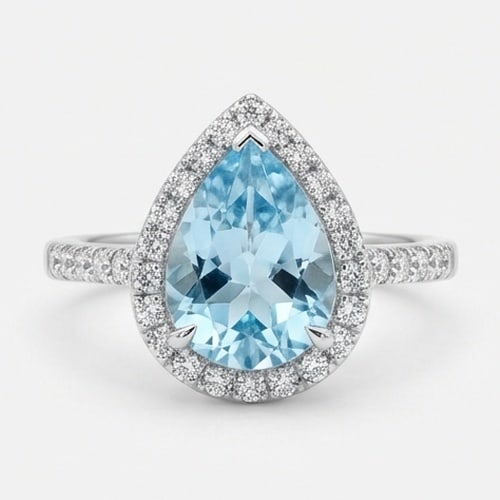 3.5 Ct Pear Natural Aquamarine 14K White Gold Halo Setting with Pave Shank Ring - Certified: This certified fine jewelry piece features a 3.5 carat natural Aquamarine in a Pear cut, crafted in 14K White Gold. The Halo Setting with Pave Shank design highlights the beauty of the natural center 
