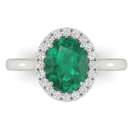 2.5 Ct Oval Natural Emerald 14K White Gold Halo Setting with Plain Shank Ring - Certified: This certified fine jewelry piece features a 2.5 carat natural Emerald in a Oval cut, crafted in 14K White Gold. The Halo Setting with Plain Shank design highlights the beauty of the natural center st