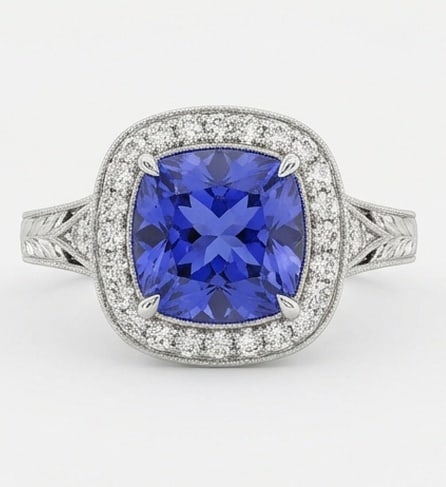 2.5 Ct Cushion Natural Tanzanite 14K White Gold Vintage Halo with Engraved Split Shank Ring - Certif: This certified fine jewelry piece features a 2.5 carat natural Tanzanite in a Cushion cut, crafted in 14K White Gold. The Vintage Halo with Engraved Split Shank design highlights the beauty of the nat