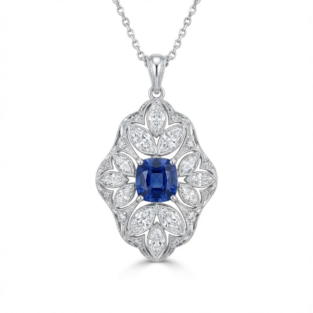 2.0 Ct Cushion Natural Tanzanite 14K White Gold Vintage Filigree Pendant - Certified (1 of 2)