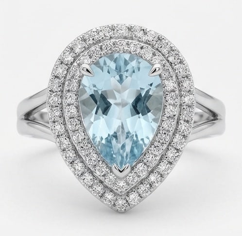 3.0 Ct Pear Natural Aquamarine 14K White Gold Double Halo with Split Shank Ring - Certified: This certified fine jewelry piece features a 3.0 carat natural Aquamarine in a Pear cut, crafted in 14K White Gold. The Double Halo with Split Shank design highlights the beauty of the natural center 