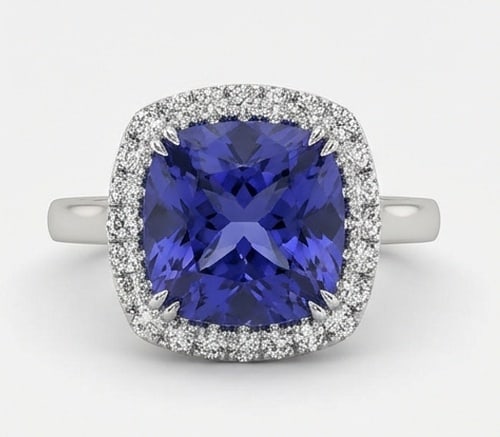 3.5 Ct Cushion Natural Tanzanite 14K White Gold Halo Setting with Pave Shank Ring - Certified: This certified fine jewelry piece features a 3.5 carat natural Tanzanite in a Cushion cut, crafted in 14K White Gold. The Halo Setting with Pave Shank design highlights the beauty of the natural cente