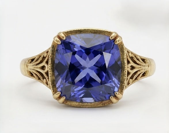 3.0 Ct Cushion Natural Tanzanite 14K Yellow Gold Vintage Scroll/Filigree Solitaire Ring - Certified: This certified fine jewelry piece features a 3.0 carat natural Tanzanite in a Cushion cut, crafted in 14K Yellow Gold. The Vintage Scroll/Filigree Solitaire design highlights the beauty of the natural