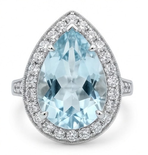 4.0 Ct Pear Natural Aquamarine 14K White Gold Halo Setting with Vintage Shank Ring - Certified: This certified fine jewelry piece features a 4.0 carat natural Aquamarine in a Pear cut, crafted in 14K White Gold. The Halo Setting with Vintage Shank design highlights the beauty of the natural cent