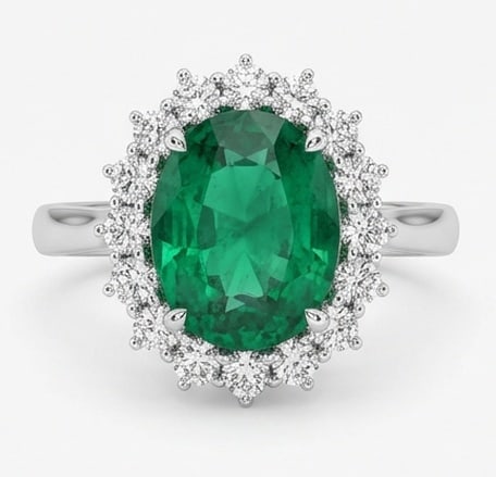 3.0 Ct Oval Natural Emerald 14K White Gold Halo Setting with Pave Shank Ring - Certified: This certified fine jewelry piece features a 3.0 carat natural Emerald in a Oval cut, crafted in 14K White Gold. The Halo Setting with Pave Shank design highlights the beauty of the natural center sto