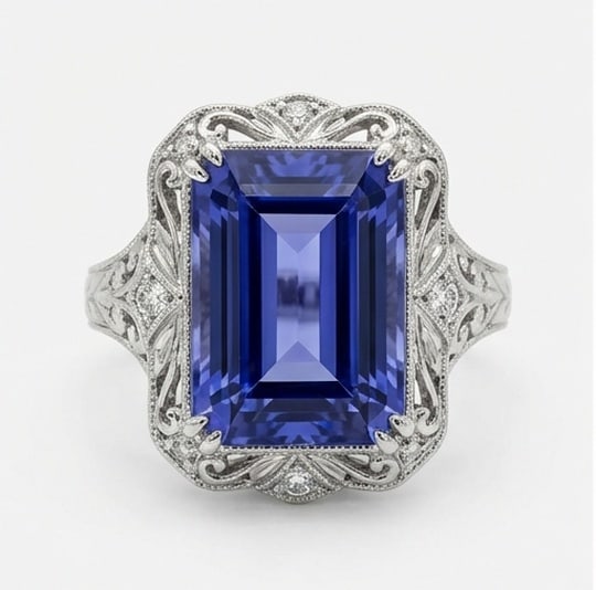 4.0 Ct Emerald Natural Tanzanite 14K White Gold Vintage Filigree Solitaire Ring - Certified: This certified fine jewelry piece features a 4.0 carat natural Tanzanite in a Emerald cut, crafted in 14K White Gold. The Vintage Filigree Solitaire design highlights the beauty of the natural center 