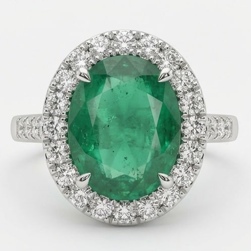 3.5 Ct Oval Natural Emerald 14K White Gold Halo Setting with Pave Shank Ring - Certified: This certified fine jewelry piece features a 3.5 carat natural Emerald in a Oval cut, crafted in 14K White Gold. The Halo Setting with Pave Shank design highlights the beauty of the natural center sto