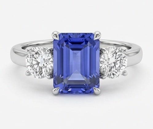 3.0 Ct Emerald Natural Tanzanite 14K White Gold Three-Stone Setting Ring - Certified: This certified fine jewelry piece features a 3.0 carat natural Tanzanite in a Emerald cut, crafted in 14K White Gold. The Three-Stone Setting design highlights the beauty of the natural center stone. 