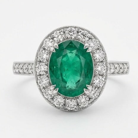 2.0 Ct Oval Natural Emerald 14K White Gold Halo Setting with Pave Shank Ring - Certified: This certified fine jewelry piece features a 2.0 carat natural Emerald in a Oval cut, crafted in 14K White Gold. The Halo Setting with Pave Shank design highlights the beauty of the natural center sto