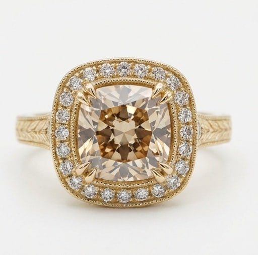 3.0 Ct Natural Natural Diamond 14K Yellow Gold Halo Setting with Milgrain Ring - Certified: This certified fine jewelry piece features a 3.0 carat natural Diamond in a Natural cut, crafted in 14K Yellow Gold. The Halo Setting with Milgrain design highlights the beauty of the natural center s