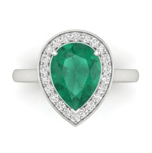 2.5 Ct Pear Natural Emerald 14K White Gold Halo Setting with Plain Shank Ring - Certified: This certified fine jewelry piece features a 2.5 carat natural Emerald in a Pear cut, crafted in 14K White Gold. The Halo Setting with Plain Shank design highlights the beauty of the natural center st