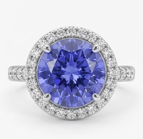 3.0 Ct Round Natural Tanzanite 14K White Gold Halo Setting with Pave Shank Ring - Certified: This certified fine jewelry piece features a 3.0 carat natural Tanzanite in a Round cut, crafted in 14K White Gold. The Halo Setting with Pave Shank design highlights the beauty of the natural center 