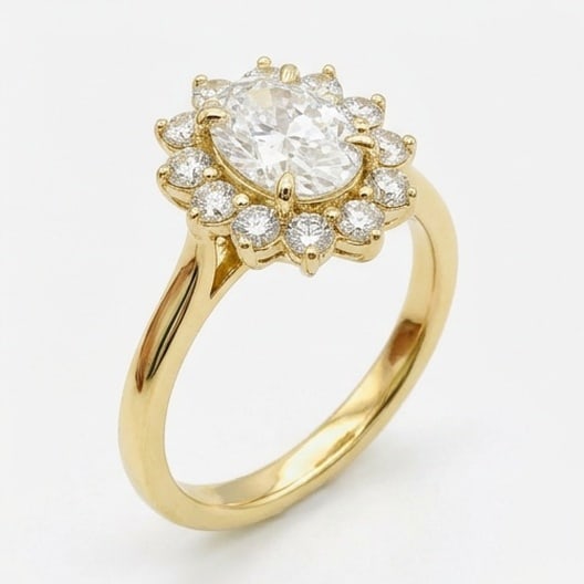 GIA Certified 1.85 ct Oval Cut Natural Diamond Floral Halo Ring in 14K Yellow Gold (1 of 5)