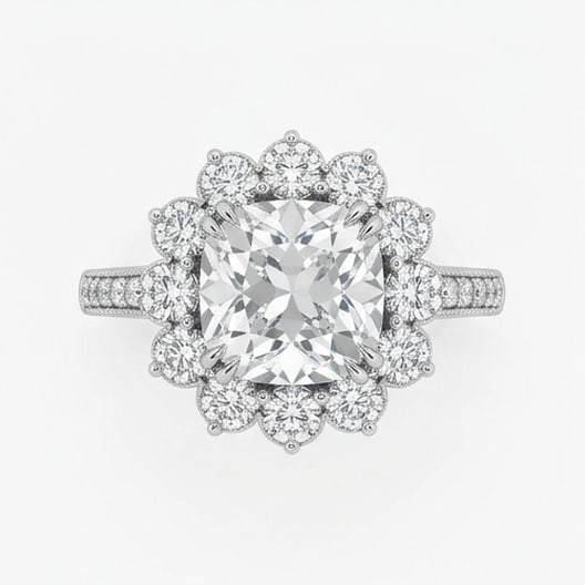 IGI Certified 1.5 ct Cushion Cut Natural Diamond Antique Cluster Ring in 14K White Gold: A sophisticated 1.5 carat natural cushion-cut diamond ring, crafted in 14K White Gold to highlight beauty, brilliance, and fine jewelry presence. This design is enhanced with matching diamond side sto