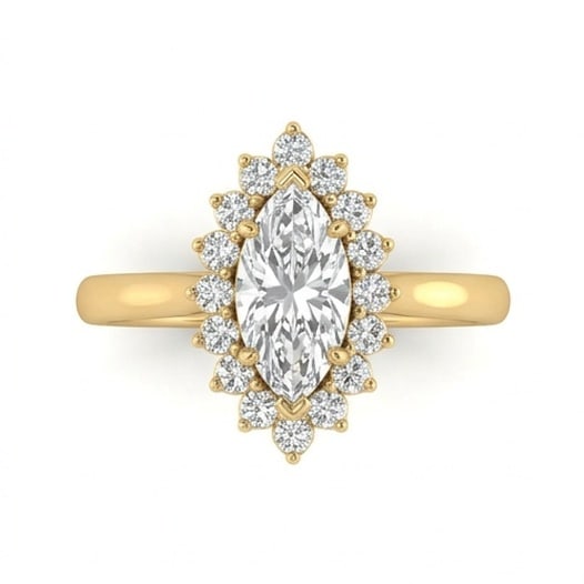 IGI Certified 1.3 ct Marquise Cut Natural Diamond Petal Halo Ring in 14K Yellow Gold: A remarkable 1.3 carat natural marquise-cut diamond ring, expertly crafted in 14K Yellow Gold and created to showcase timeless sophistication. This design is enhanced with matching diamond side stones