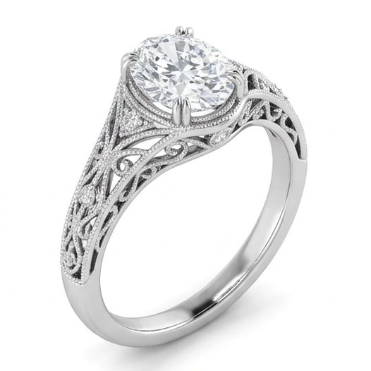 IGI Certified 1.95 ct Oval Cut Natural Diamond Vintage Lace Ring in 14K White Gold: This distinguished 1.95 carat natural oval-cut diamond ring is beautifully crafted in 14K White Gold, offering exceptional brilliance and enduring appeal. This design is enhanced with matching diamond