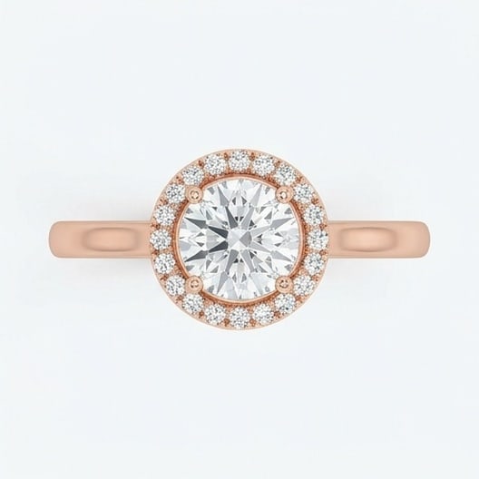 GIA Certified 1.7 ct Round Cut Natural Diamond Crown Halo Ring in 14K Rose Gold: This distinguished 1.7 carat natural round-cut diamond ring is beautifully crafted in 14K Rose Gold, offering exceptional brilliance and enduring appeal. This design is enhanced with matching diamond 