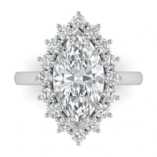 IGI Certified 1.6 ct Marquise Cut Natural Diamond Rosette Halo Ring in 14K White Gold: This distinguished 1.6 carat natural marquise-cut diamond ring is beautifully crafted in 14K White Gold, offering exceptional brilliance and enduring appeal. This design is enhanced with matching diam