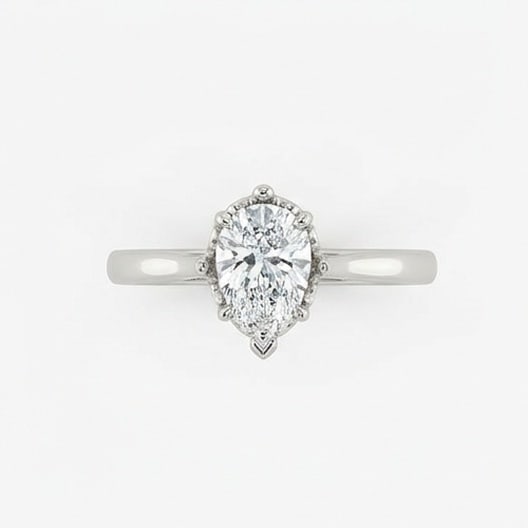 GIA Certified 1.5 ct Pear Cut Natural Diamond Vintage Crown Ring in 14K White Gold: A remarkable 1.5 carat natural pear-cut diamond ring, expertly crafted in 14K White Gold and created to showcase timeless sophistication. This design highlights the beauty of the center stone alone, o