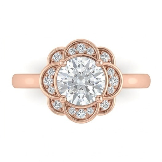 GIA Certified 1.75 ct Round Cut Natural Diamond Scalloped Halo Ring in 14K Rose Gold: An elegant 1.75 carat natural round-cut diamond ring, finely made in 14K Rose Gold with a refined profile and auction-worthy presentation. This design is enhanced with matching diamond side stones, ad